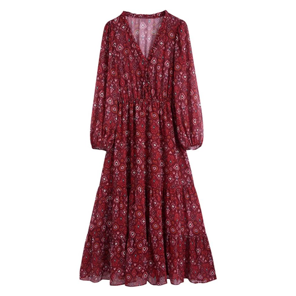 women's v-neck printed chiffon tiered midi dress